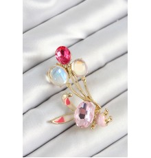 Zirkon Taşlı  Balonlu Pembe Tavşan Figürlü Gold Renk Kadın Broş - TJ-BR451
