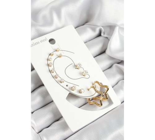 316L Çelik Yıldız Figürlü Ve Zirkon Taşlı Gold Renk 7'li Çift Kadın Küpe Set - TJ-BKP10640 316L Çelik Yıldız Figürlü Ve Zirkon Taşlı Gold Renk 7'li Çift Kadın Küpe Set - TJ-BKP10640
