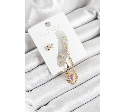 Pirinç Fiyonk ve Kalp Figürlü Zirkon Taşlı Gold Renk 3'lü Kıkırdak Kadın Küpe Set - TJ-BKP10666 Pirinç Fiyonk ve Kalp Figürlü Zirkon Taşlı Gold Renk 3'lü Kıkırdak Kadın Küpe Set - TJ-BKP10666