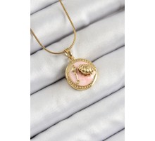 316L Çelik Zincir Pembe Mineli Sanatsal Portre İstiridye Model Gold Renk Kadın Kolye - TJ-BKO10268