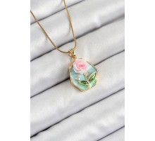 316L Çelik Zincir Zirkon Taşlı Pembe ve Yeşil Sanatsal Portre Gül Figürlü Beşgen Model Gold Renk Kadın Kolye - TJ-BKO10274