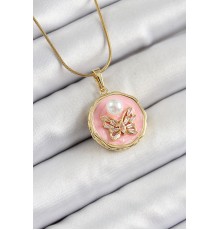 316L Çelik Zincir Zirkon Taşlı Pembe Sanatsal Portre İnci Detaylı Kelebek Model Gold Renk Kadın Kolye - TJ-BKO10276