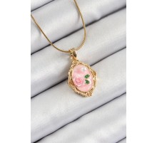 316L Çelik Zincir Pembe Sanatsal Portre İnci Detaylı Gül Figürlü Model Gold Renk Kadın Kolye - TJ-BKO10281