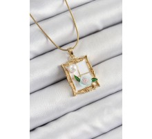 316L Çelik Zincir Beyaz Sanatsal Portre İnci Detaylı Gül Figürlü Model Gold Renk Kadın Kolye - TJ-BKO10290