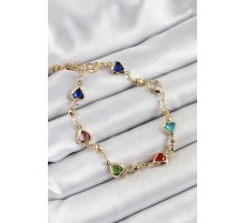 Pirinç Asorti Kalp Model Gold Renk Zirkon Taşlı Kadın Bileklik - TJ-BB7036