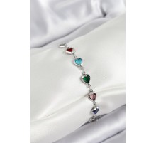 Pirinç Gümüş Renk Karışık Renk Kalp Zirkon Taşlı Kadın Bileklik - TJ-BB7052