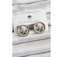 Pirinç Mor Mineli Lale Figürlü Sanatsal Portre Model Gold Renk Kadın Küpe - TJ-BKP10676