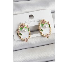 Pirinç Beyaz Mineli İnci Detaylı Sanatsal Portre Model Gold Renk Kadın Küpe - TJ-BKP10689