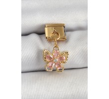 316L Çelik Sallantılı Zirkon Taşlı Çiçek Figürlü Kelebek Model Gold Renk Nomination Charm - TJ-BC1419