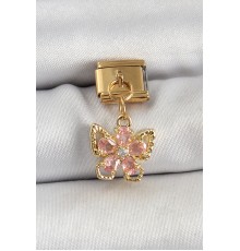 316L Çelik Sallantılı Zirkon Taşlı Çiçek Figürlü Kelebek Model Gold Renk Nomination Charm - TJ-BC1419
