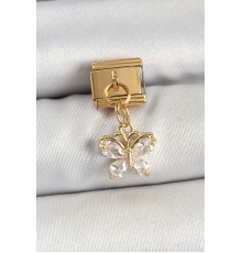 316L Çelik Sallantılı Zirkon Taşlı Kelebek Model Gold Renk Nomination Charm - TJ-BC1434