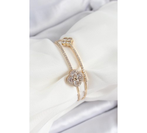 Pirinç Gold Renk Zirkon Taşlı Yonca Model 2'li Kadın Bileklik - TJ-BB7059 Pirinç Gold Renk Zirkon Taşlı Yonca Model 2'li Kadın Bileklik - TJ-BB7059