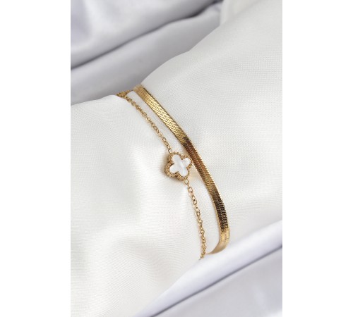 316L Çelik Gold Renk Siyah ve Beyaz Yoncalı İtalyan Zincirli 2'li Kadın Bileklik - TJ-BB7082 316L Çelik Gold Renk Siyah ve Beyaz Yoncalı İtalyan Zincirli 2'li Kadın Bileklik - TJ-BB7082