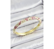 Mineli Pirinç Gold Renk Beyaz ve Pembe Geometrik Desenli Kadın Kelepçe - TJ-BB7154