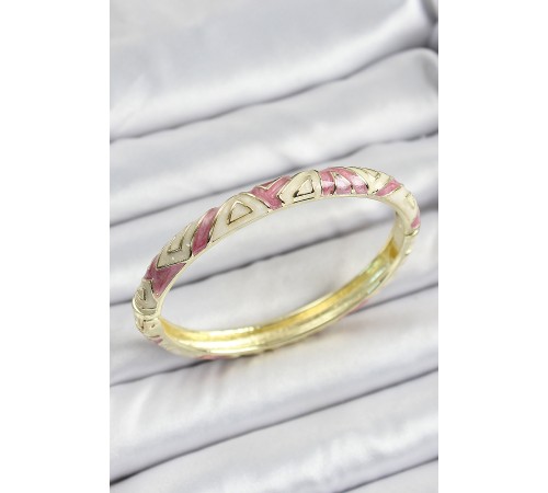 Mineli Pirinç Gold Renk Beyaz ve Pembe Geometrik Desenli Kadın Kelepçe - TJ-BB7154 Mineli Pirinç Gold Renk Beyaz ve Pembe Geometrik Desenli Kadın Kelepçe - TJ-BB7154