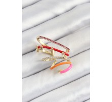Pirinç Zirkon Taşlı Kırmızı Turuncu Pembe Sıkıştırma Sağ Kıkırdak Gold Renk Kadın Küpe - TJ-BKP10755