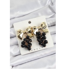 Pirinç Sallantılı Siyah Boncuklu Fiyonk Vintage Model Gold Renk Kadın Küpe - TJ-BKP10775