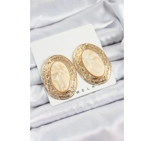 Pirinç Mermer Desenlli Bej Sedef Oval Vintage Model Gold Renk Kadın Küpe - TJ-BKP10778