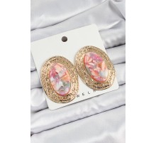 Pirinç Mermer Desenlli Pembe Sedef Oval Vintage Model Gold Renk Kadın Küpe - TJ-BKP10779