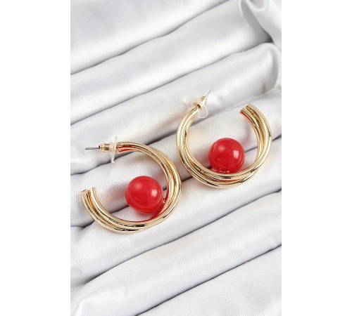 Pirinç Gold Renk Halka Model Kırmızı Boncuk Detay Kadın Küpe - TJ-BKP10366 Pirinç Gold Renk Halka Model Kırmızı Boncuk Detay Kadın Küpe - TJ-BKP10366