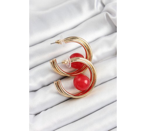 Pirinç Gold Renk Halka Model Kırmızı Boncuk Detay Kadın Küpe - TJ-BKP10366 Pirinç Gold Renk Halka Model Kırmızı Boncuk Detay Kadın Küpe - TJ-BKP10366