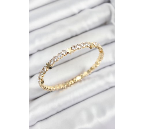Pirinç Zirkon Taşlı Yıldız Model Gold Renk Yaylı Kadın Bileklik - TJ-BB7221