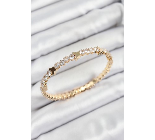 Pirinç Zirkon Taşlı Kelebek Model Gold Renk Yaylı Kadın Bileklik - TJ-BB7223