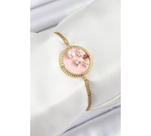 316L Çelik Zincir Pembe Mineli Sanatsal Portre İnci Detaylı Çiçek Model Gold Renk Kadın Bileklik - TJ-BB7229 316L Çelik Zincir Pembe Mineli Sanatsal Portre İnci Detaylı Çiçek Model Gold Renk Kadın Bileklik - TJ-BB7229