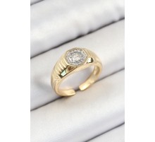Pirinç Zirkon Taşlı Sekizgen Model Gold Renk Kadın Yüzük - TJ-BYK3796