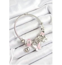 316L Çelik Pembe  Zirkon Taşlı Kelebek Fiyonk Ve Kilit Model Gümüş Renk Charm Bileklik - TJ-BB7245