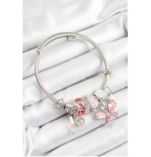 316L Çelik Pembe Zirkon Taşlı Kelebek Model Gümüş Renk Charm Bileklik - TJ-BB7248