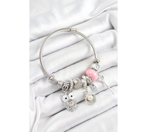 316L Çelik Pembe Zirkon Taşlı Baykuş İstiridye Ve Anahtar Model Gümüş Renk Charm Bileklik - TJ-BB7255 316L Çelik Pembe Zirkon Taşlı Baykuş İstiridye Ve Anahtar Model Gümüş Renk Charm Bileklik - TJ-BB7255