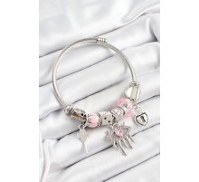 316L Çelik Pembe Zirkon Taşlı Göz Kilit Ve Anahtar Model Gümüş Renk Charm Bileklik - TJ-BB7261