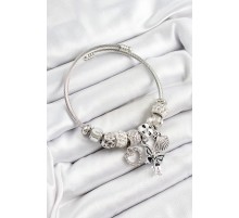 316L Çelik Siyah Zirkon Taşlı Kalp Kelebek Ve İstiridye Model Gümüş Renk Charm Bileklik - TJ-BB7264