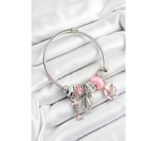 316L Çelik Pembe Zirkon Taşlı Balık Deniz Kabuğu Ve Deniz Yıldızı Model Gümüş Renk Charm Bileklik - TJ-BB7267 316L Çelik Pembe Zirkon Taşlı Balık Deniz Kabuğu Ve Deniz Yıldızı Model Gümüş Renk Charm Bileklik - TJ-BB7267