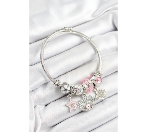 316L Çelik Pembe Zirkon Taşlı Yıldız Göz Ve Yonca Model Gümüş Renk Charm Bileklik - TJ-BB7273 316L Çelik Pembe Zirkon Taşlı Yıldız Göz Ve Yonca Model Gümüş Renk Charm Bileklik - TJ-BB7273