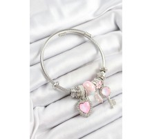 316L Çelik Pembe Zirkon Taşlı Yıldız Anahtar Ve Kalp Model Gümüş Renk Charm Bileklik - TJ-BB7276