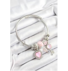316L Çelik Pembe Zirkon Taşlı Yıldız Anahtar Ve Kalp Model Gümüş Renk Charm Bileklik - TJ-BB7276
