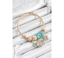 316L Çelik Mavi Zirkon Taşlı Yıldız Göz Ve Yonca Model Gold Renk Charm Bileklik - TJ-BB7285