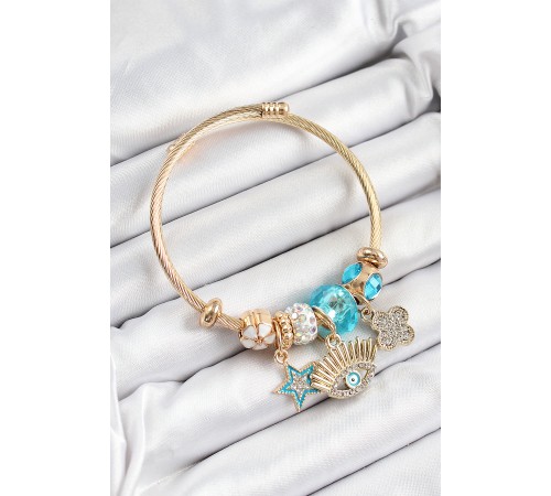 316L Çelik Mavi Zirkon Taşlı Yıldız Göz Ve Yonca Model Gold Renk Charm Bileklik - TJ-BB7285 316L Çelik Mavi Zirkon Taşlı Yıldız Göz Ve Yonca Model Gold Renk Charm Bileklik - TJ-BB7285