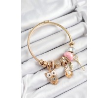 316L Çelik Pembe Zirkon Taşlı Baykuş İstiridye Ve Anahtar Model Gold Renk Charm Bileklik - TJ-BB7290