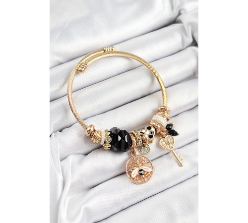316L Çelik Siyah Zirkon Taşlı Baykuş Arı Ve Anahtar Model Gold Renk Charm Bileklik - TJ-BB7292 316L Çelik Siyah Zirkon Taşlı Baykuş Arı Ve Anahtar Model Gold Renk Charm Bileklik - TJ-BB7292