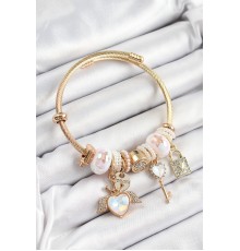 316L Çelik Beyaz Zirkon Taşlı Kilit Anahtar Ve Kalp Model Gold Renk Charm Bileklik - TJ-BB7295