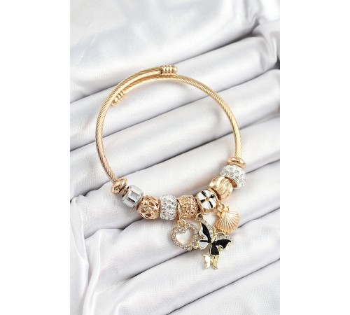 316L Çelik Siyah Zirkon Taşlı Kalp Kelebek Ve İstiridye Model Gold Renk Charm Bileklik - TJ-BB7307 316L Çelik Siyah Zirkon Taşlı Kalp Kelebek Ve İstiridye Model Gold Renk Charm Bileklik - TJ-BB7307