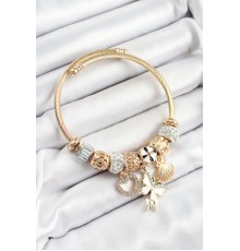 316L Çelik Beyaz Zirkon Taşlı Kalp Kelebek Ve İstiridye Model Gold Renk Charm Bileklik - TJ-BB7308