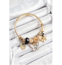 316L Çelik Siyah Zirkon Taşlı Kelebek Fiyonk Ve Kilit Model Gold Renk Charm Bileklik - TJ-BB7310