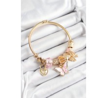 316L Çelik Pembe Zirkon Taşlı Kelebek Fiyonk Ve Kilit Model Gold Renk Charm Bileklik - TJ-BB7311