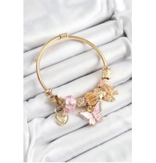 316L Çelik Pembe Zirkon Taşlı Kelebek Fiyonk Ve Kilit Model Gold Renk Charm Bileklik - TJ-BB7311