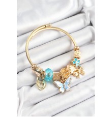 316L Çelik Mavi Zirkon Taşlı Kelebek Fiyonk Ve Kilit Model Gold Renk Charm Bileklik - TJ-BB7312