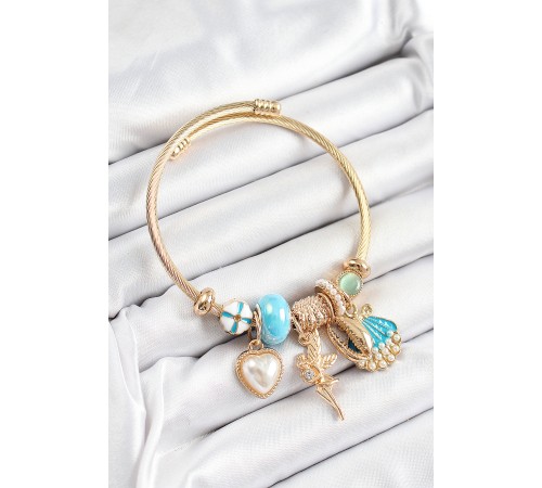 316L Çelik Mavi Zirkon Taşlı Yıldız Melek İstiridye Ve Kalp Model Gold Renk Charm Bileklik - TJ-BB7318 316L Çelik Mavi Zirkon Taşlı Yıldız Melek İstiridye Ve Kalp Model Gold Renk Charm Bileklik - TJ-BB7318
